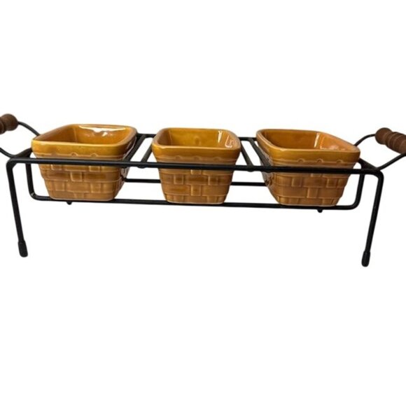 Set Of 3 Ceramic Yellow Serving Dishes With Metal Rack & Wooden Handles - Picture 1 of 8
